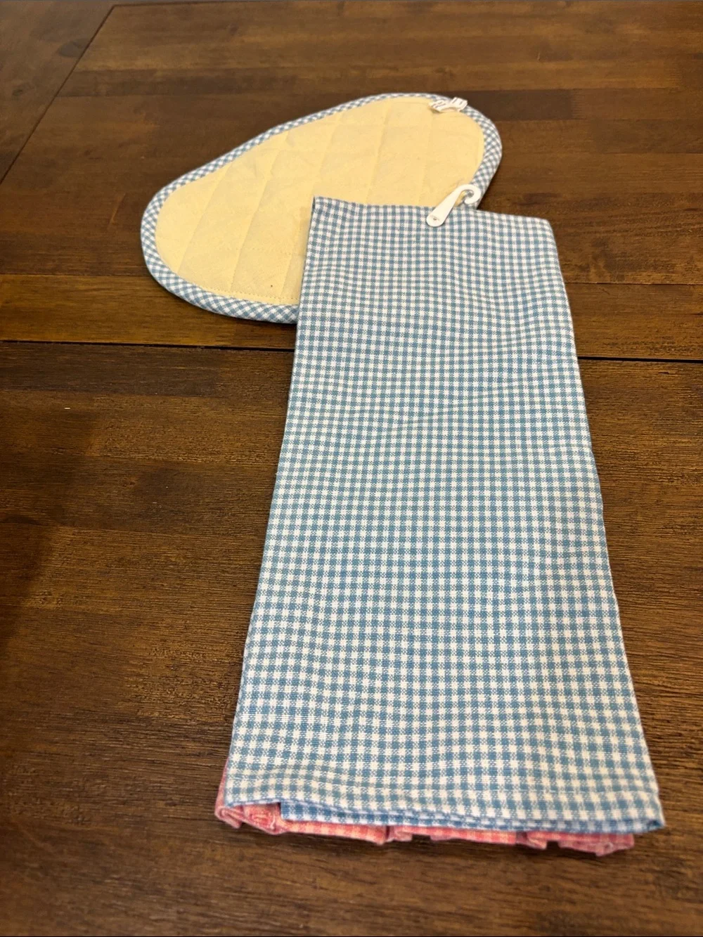 Brand New Blue Gingham Bunny Kitchen Towel and Oven Mitt Set